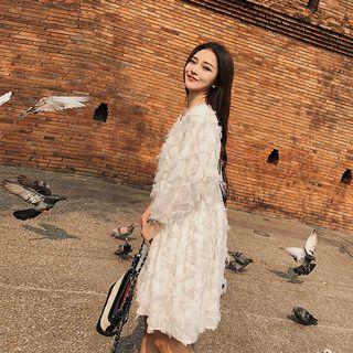 Fringed V-neck Long-sleeve A-line Dress