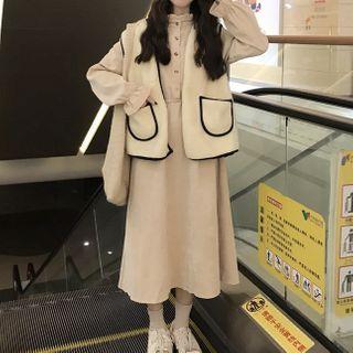 Long-sleeve Button-up Mock-neck Midi Dress