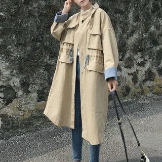 Pocketed Drawstring Buttoned Long Coat