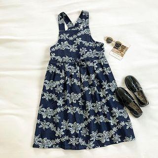 Floral Backless Strap Dress Blue - One Size