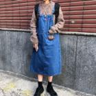Sleeveless Embroidered Denim Dress / Cable Knit Sweater