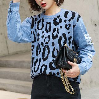 Denim Panel Leopard Pattern Sweater