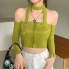 Long-sleeve Cold-shoulder Cropped T-shirt Green - M
