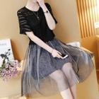 Set: Knit Short Sleeve Top + Spaghetti Strap Mesh Dress