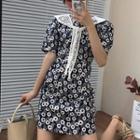 Short-sleeve Tie-neck Floral Print Mini A-line Dress