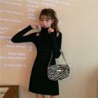 Turtleneck Cold-shoulder Mini A-line Knit Dress Black - One Size