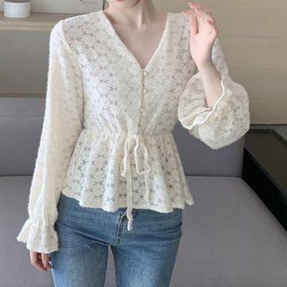 V-neck Drawstring-waist Lace Blouse White - One Size