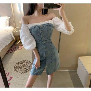 Elbow-sleeve / Long-sleeve Mini A-line Denim Dress