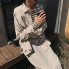 Buttoned Jacket / Long-sleeve Striped T-shirt / A-line Skirt