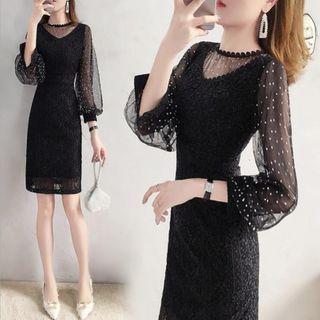 Mesh Panel Long-sleeve Lace Sheath Dress