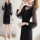 Mesh Panel Long-sleeve Lace Sheath Dress