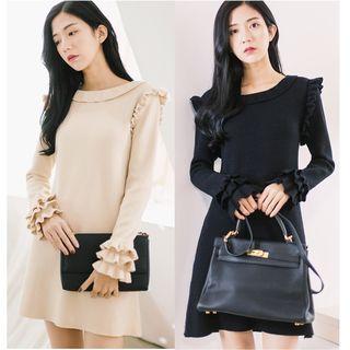 Frilled Long-sleeve Knit Dress