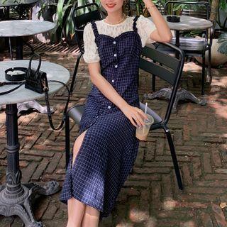 Plaid Midi A-line Overall Dress / Puff-sleeve Top