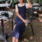 Plaid Midi A-line Overall Dress / Puff-sleeve Top