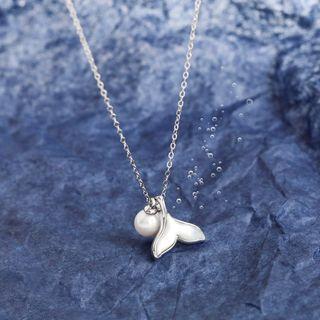 925 Sterling Silver Mermaid Tail Faux Pearl Pendant Necklace 1 Piece - Necklace - Mermaid Tail - One Size