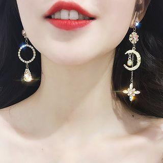 Moon & Star Rhinestone Asymmetrical Dangle Earring 1 Pair - Asymmetric - Gold - One Size
