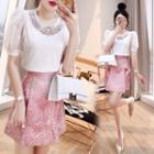 Puff-sleeve Embellished Blouse / Mini A-line Skirt / Set