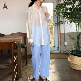 Plain Oversize Shirt / Striped High-waist Wide-leg Pants