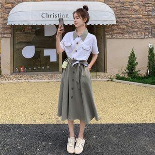 Short-sleeve Mock Two-piece Midi Shirtdress