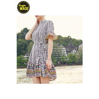 Patterned Open-placket Dress With Sash