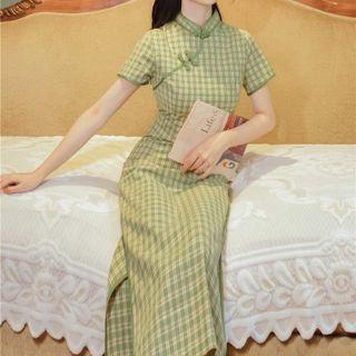 Short-sleeve Check Midi Sheath Dress