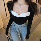 Two-tone Square-neck Long-sleeve Top