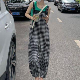 Gingham Cropped Harem Jumper Pants / Plain Tank Top