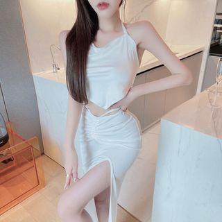 Set: Cropped Camisole Top + Midi Pencil Skirt Set Of 2 - Camisole Top & Skirt - White - One Size