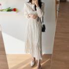 Long-sleeve Pleated Midi Dress Light Beige - One Size