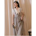 Set : Puff-sleeve Peter Pan Collar Shirt + Plaid Back Strap Maxi Skirt