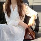 Long-sleeve V-neck Shirred Plain Chiffon Dress