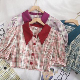 Pointy Collar Plaid Buttoned Cropped Top