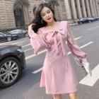 Mesh Panel Bow Accent Long-sleeve Mini A-line Dress