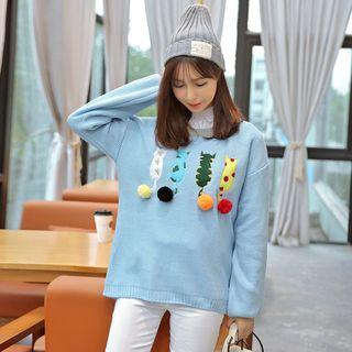 Embroidered Cat Bobble Knit Top
