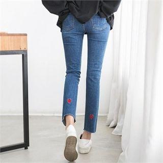 Fray-hem Embroidered-detail Straight-cut Jeans