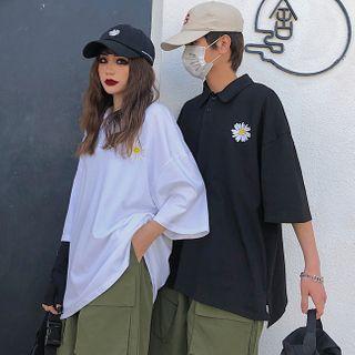 Floral Embroidered Elbow-sleeve Polo Shirt