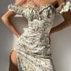 Off-shoulder Floral Print Frill Trim Midi A-line Dress