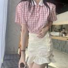 Crinkled Mini Skirt / Short-sleeve Plaid Shirt