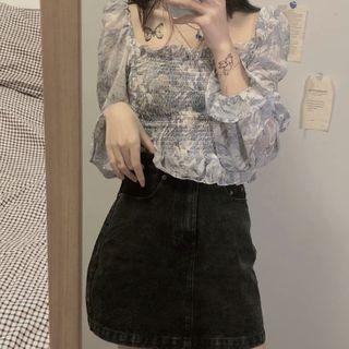 Long-sleeve Print Shirred Frill Trim Top Almond Flower - Blue - One Size
