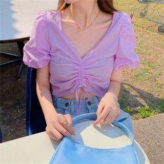 Balloon-sleeve Drawstring Cropped Blouse Purple - One Size