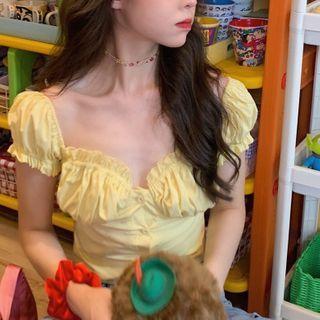 V-neck Puff-sleeve Blouse Yellow - One Size
