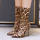 Pointy Toe Leopard Print High Heel Short Boots