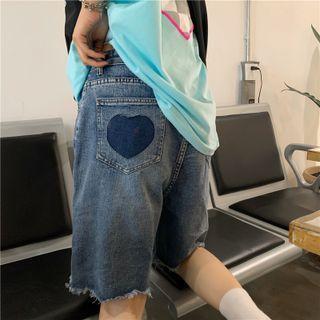 High-waist Heart Embroidered Denim Straight Leg Shorts