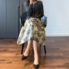 Set: Ribbed Knit Cardigan + Patterned Midi A-line Skirt