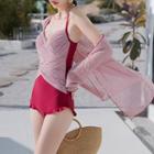 Set: Frill Trim Swimsuit + Light Cardigan