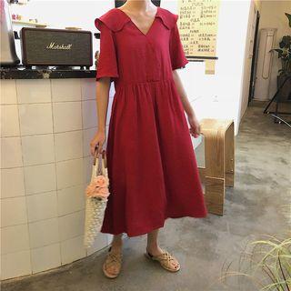 Short Sleeve V-neck Plain Dress