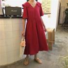 Short Sleeve V-neck Plain Dress