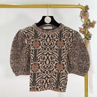 Pattern Print Puff-sleeve Knit Top