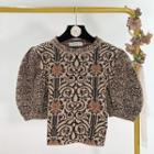 Pattern Print Puff-sleeve Knit Top