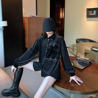 Balloon-sleeve Paneled Rhinestone Velvet Shirt Black - One Size